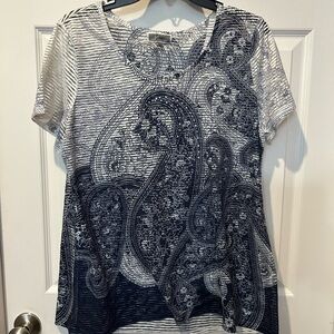JM Collection Navy and White Paisley Short Sleeve Top